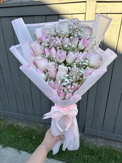 Pink tulips with pink roses bouquet