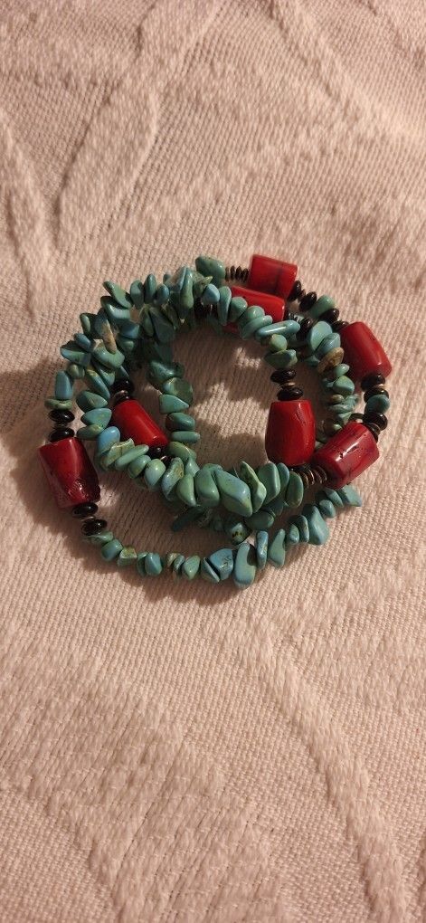 Old Natural Beautiful Hand Made Turquoise Nuggets / Coral Native American Beaded Necklace