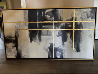 Large Modern Abstract Wall Art – Gold & Black Framed Canvas 56.5x32