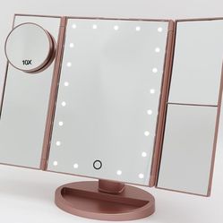 Brand New Trifold Vanity Makeup Mirror with Touch Screen Adjustable 21 LED Lights - Rose Gold