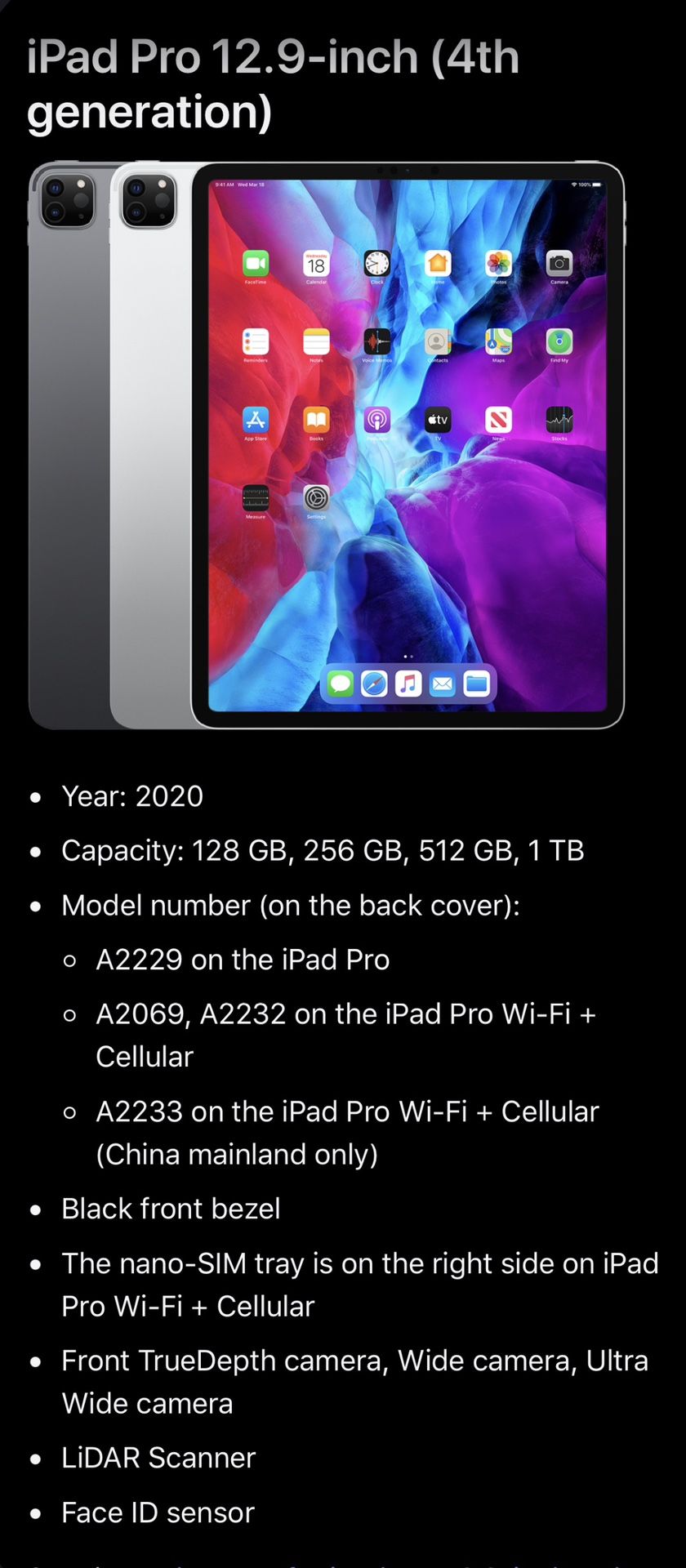 iPad Pro 12.9 4th Gen (2020) WiFi + Cellular Space Gray 256GB