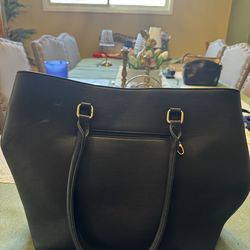 Large Black Faux Leather Tote Bag with Tassel Detail