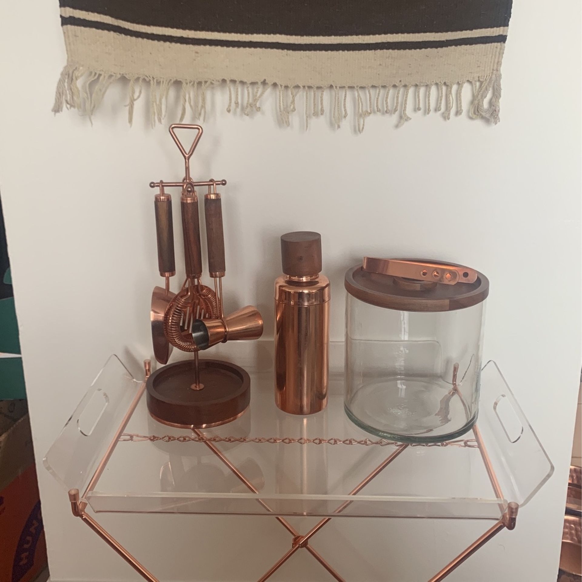 Copper And Acacia Wood Cocktail Mixing Set