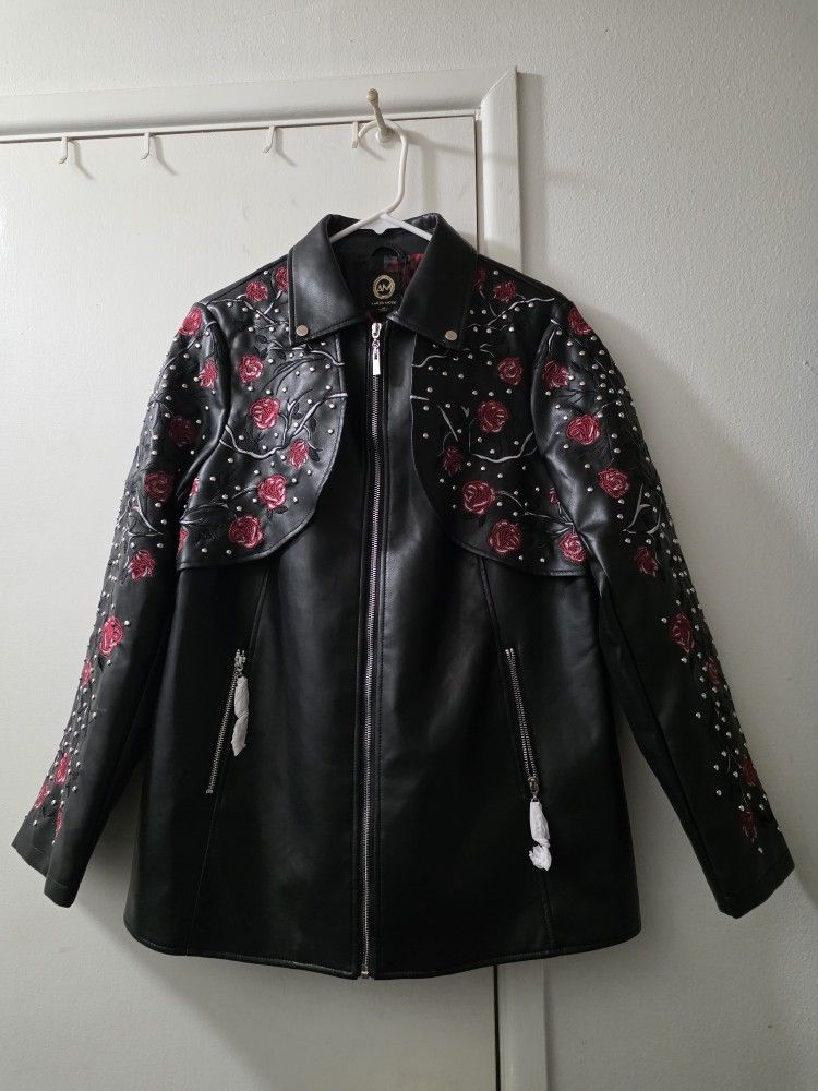 AMERI MODE Embroided Bolero Faux Leather Jacket Women's Size M New! $165