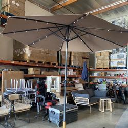 9ft Solar Outdoor Patio Umbrella, 32 LED Lights, with Tilt and Crank, Ideal Parasol for Patio, Garden, Deck, Pool and Beach, Tan