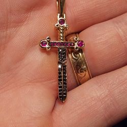 Traxnyc Natural Black Diamond & Ruby Sword Pendant 