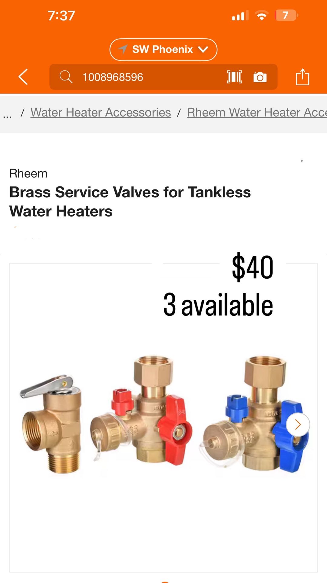 Rheem Brass Service Valves for Tankless Water Heaters