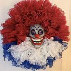 Halloween Light Up Evil Clown, New Wreath , 25/26” Across