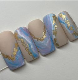 Medium square light blue purple press on nails marble gold