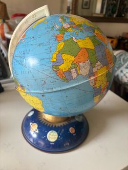 Vintage Mid Century Ohio Art Metal World Globe with Solar System Base