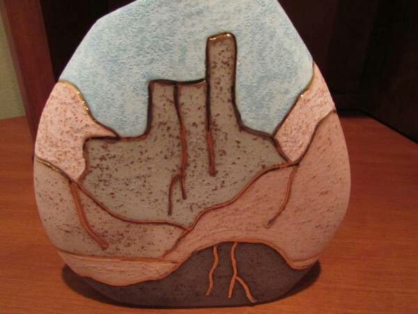 Adobe hand painted vase with gold details - southwest desert -