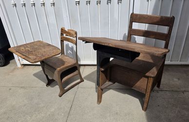 Vintage Pair of Antique Oak Moulthrop School Desks – Early 1900s Rustic Accents