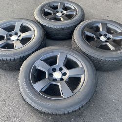 Factory 20” Chevy / gmc 6 lug rims & tires, wheels were in rough shape and were sprayed black to hide some flaws from a distance. Not perfect, but goo