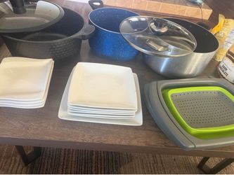 Assorted Kitchenware Set Pots Plates Colander