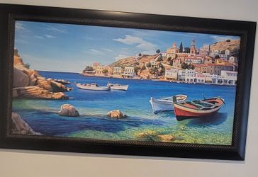Framed Mediterranean Harbor Landscape Painting 61 X34 inches