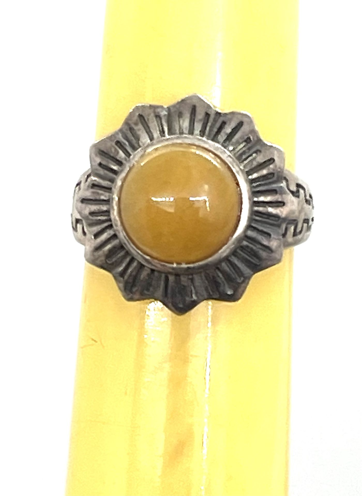Sterling Orange Jade Sun Ring Sz 7