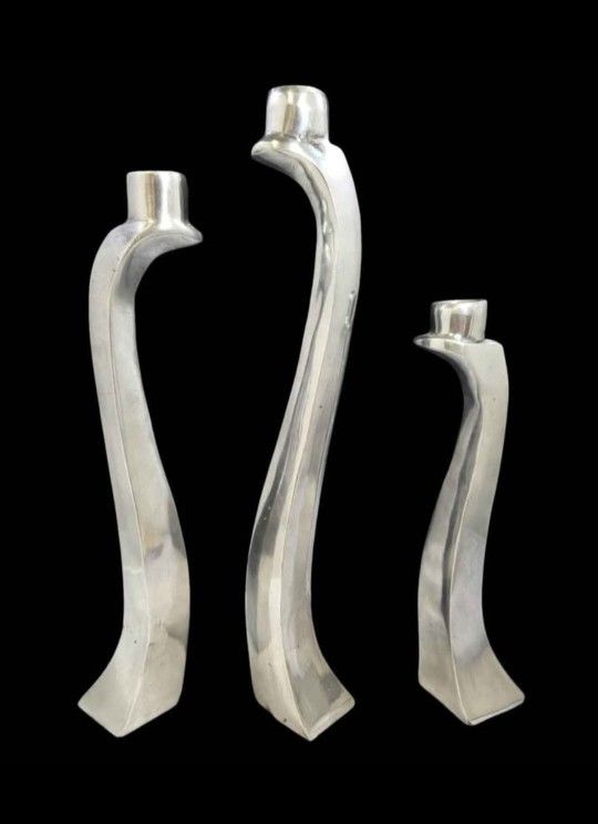 Trio of Cool 1980s Aluminium Biomorphic "Nessy" Candlesticks