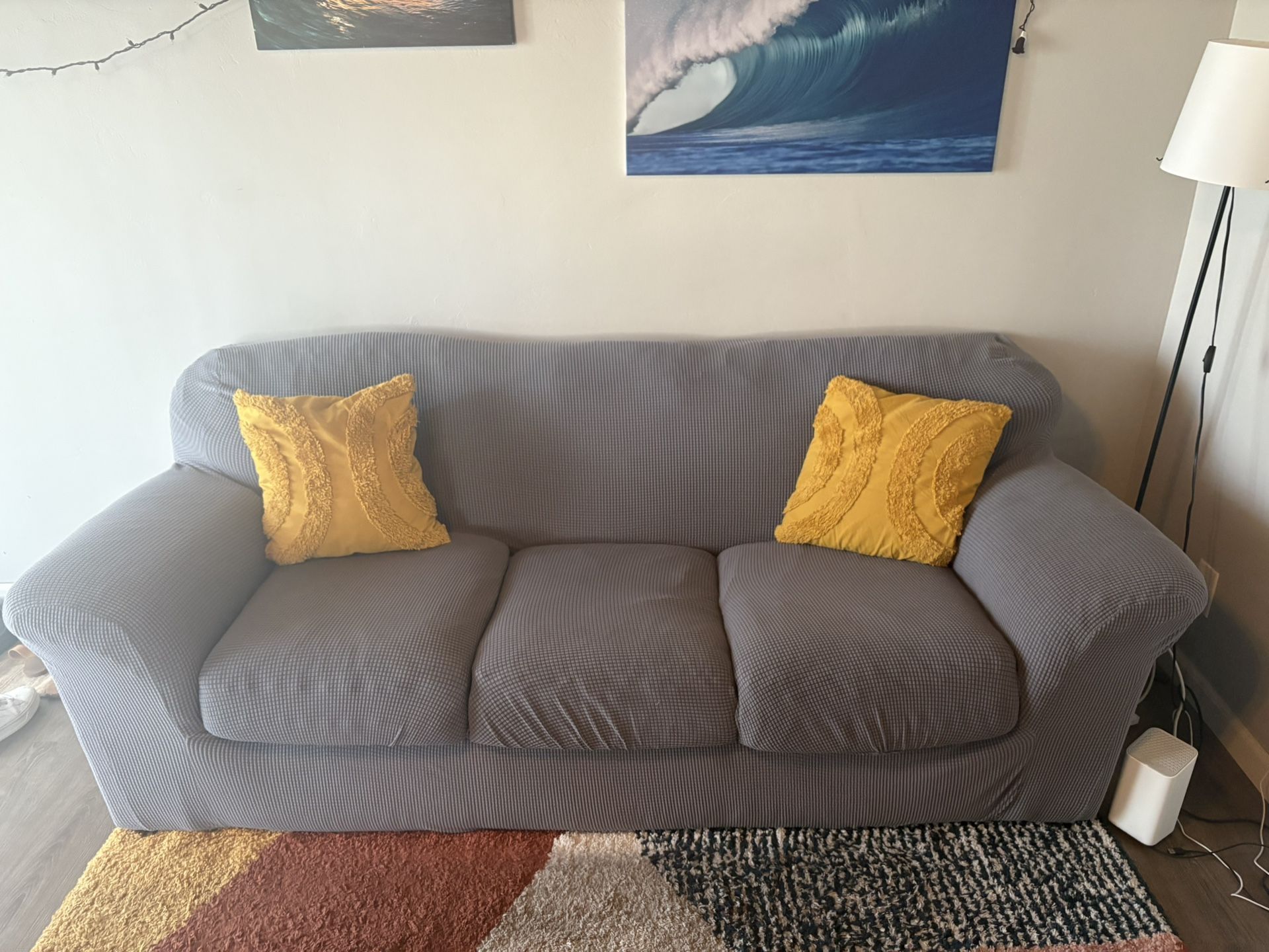 Free Leather Pull out Couch with Grey Cover and Throw pillows