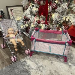 Play stroller, playpen, and doll bundle