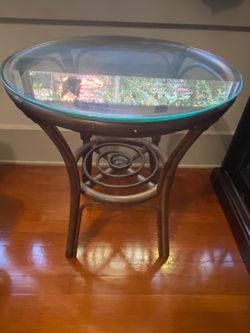 Vintage (?) Pier One Boho Bamboo & Rattan Glass Top Side Table-2 Avail
