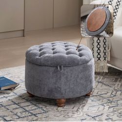 24” Round Storage Ottoman with Tray – Tufted Coffee Table Footrest with Hidden Storage