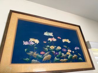 Framed Floral Embroidery Art on Fabric