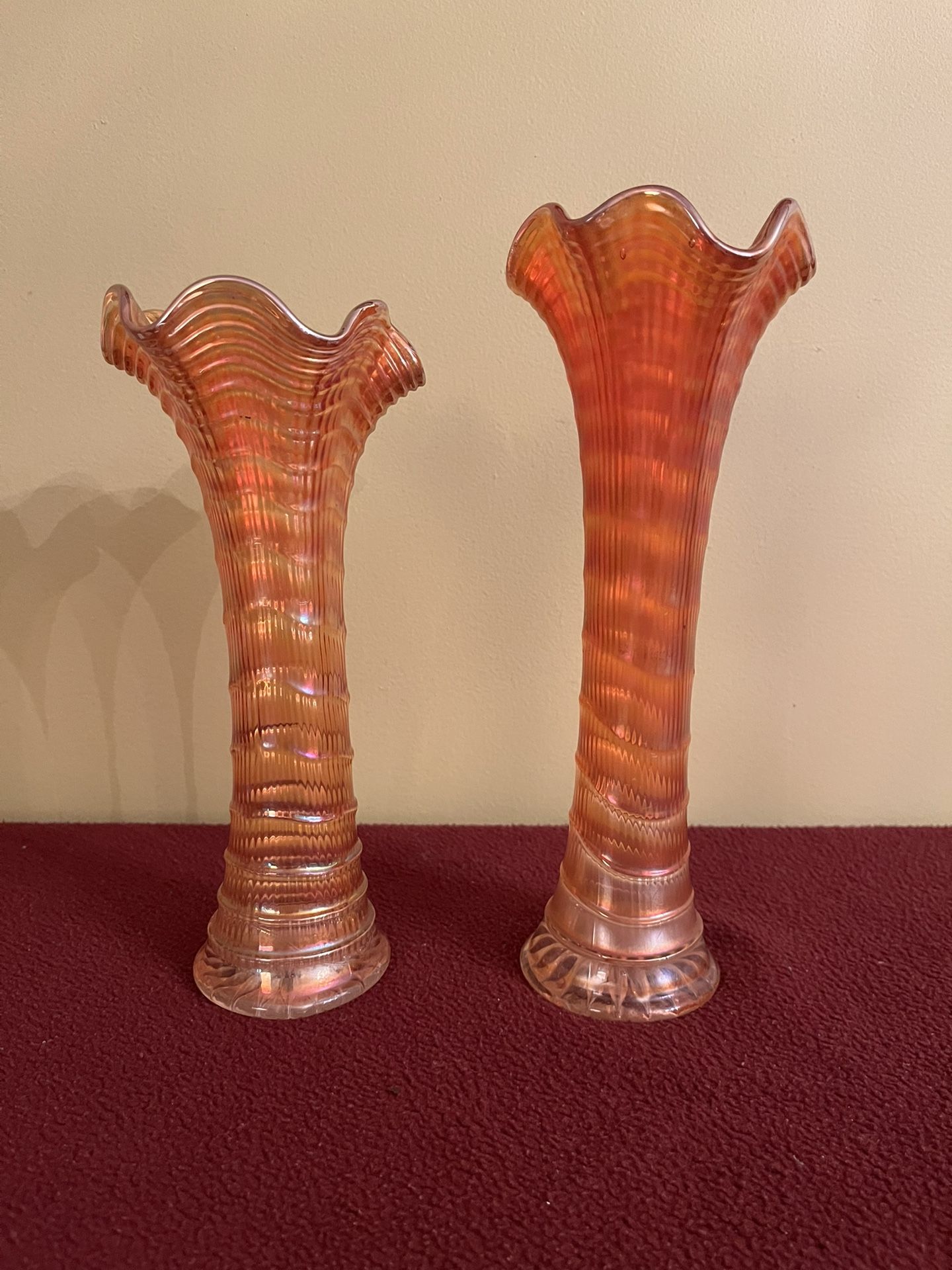 Antique Imperial Marigold Carnival Glass Ripple Swung Vases