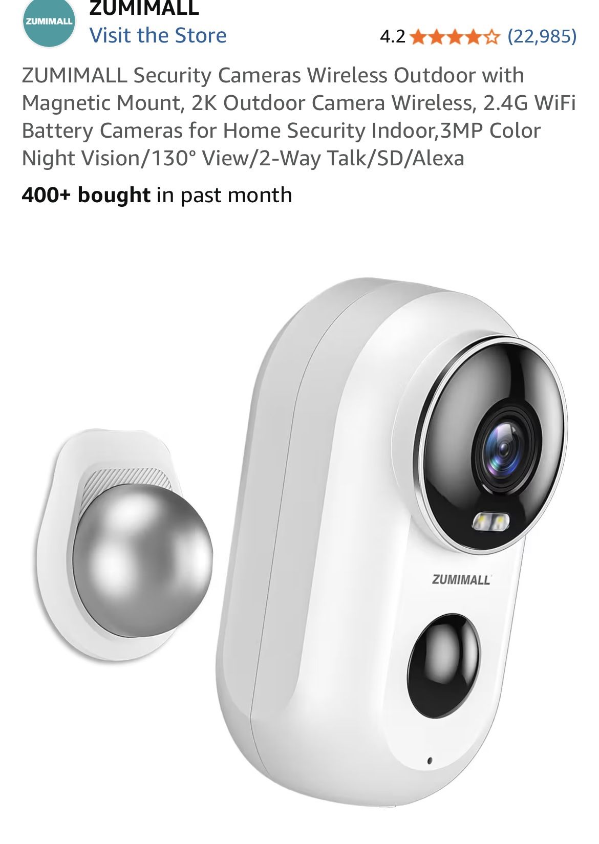 ZUMIMALL Security Cameras Wireless Outdoor with Magnetic Mount, 2K Outdoor Camera Wireless, 2.4G WiFi Battery Cameras for Home Security Indoor,3MP Col