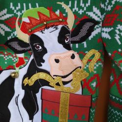 Holiday Time Men's Cow with drink holder Ugly Christmas Sweater men's xs 30 - 32 