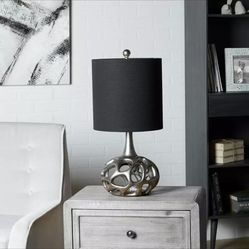 Silver Modern Table Lamp Black Fabric Drum Shade Nightstand Desk Home Office Light