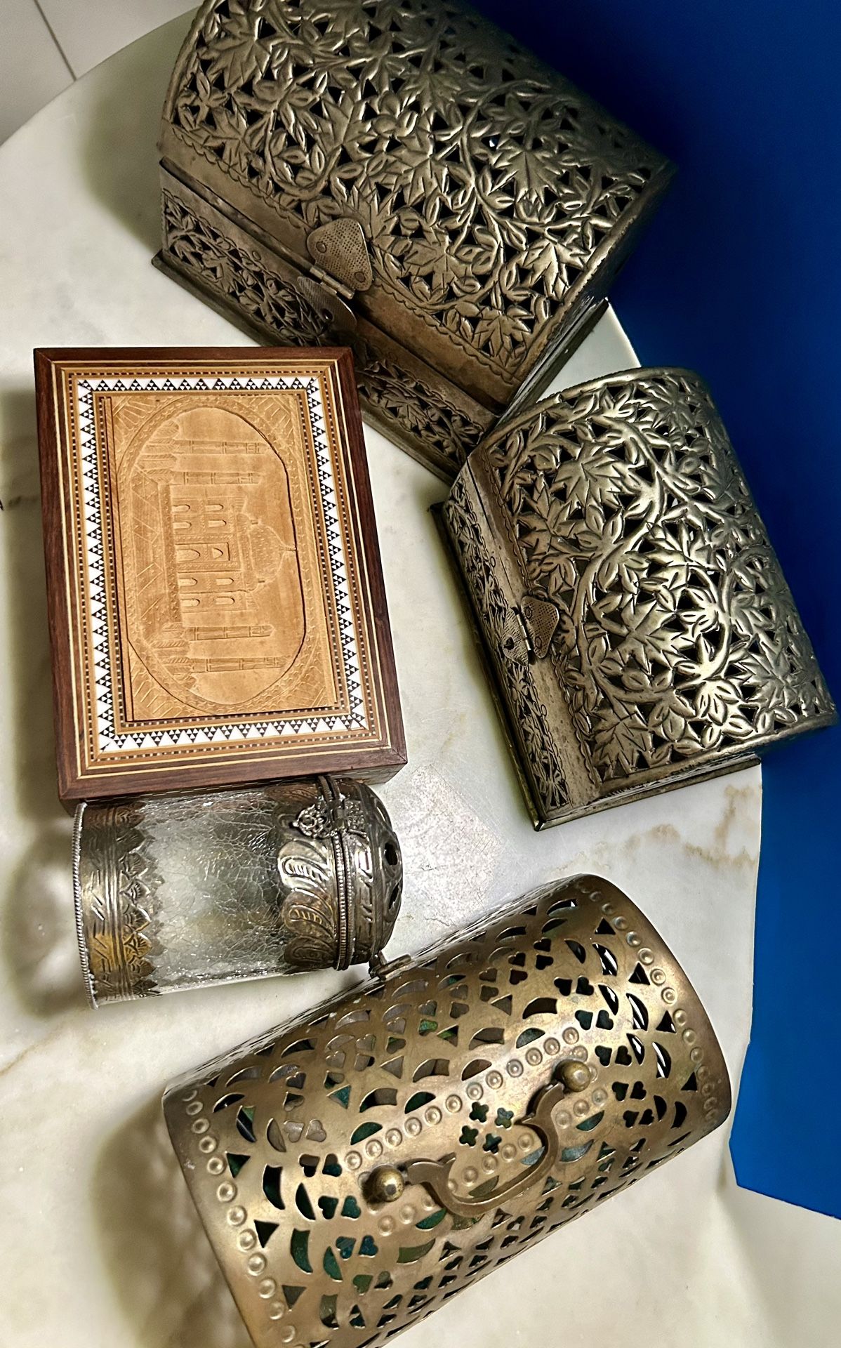 vintage 4 boxes from india and a glass for incense