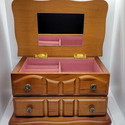 Rustic Vintage Wooden Jewelry Box with Mirror - Antique Commode Organizer