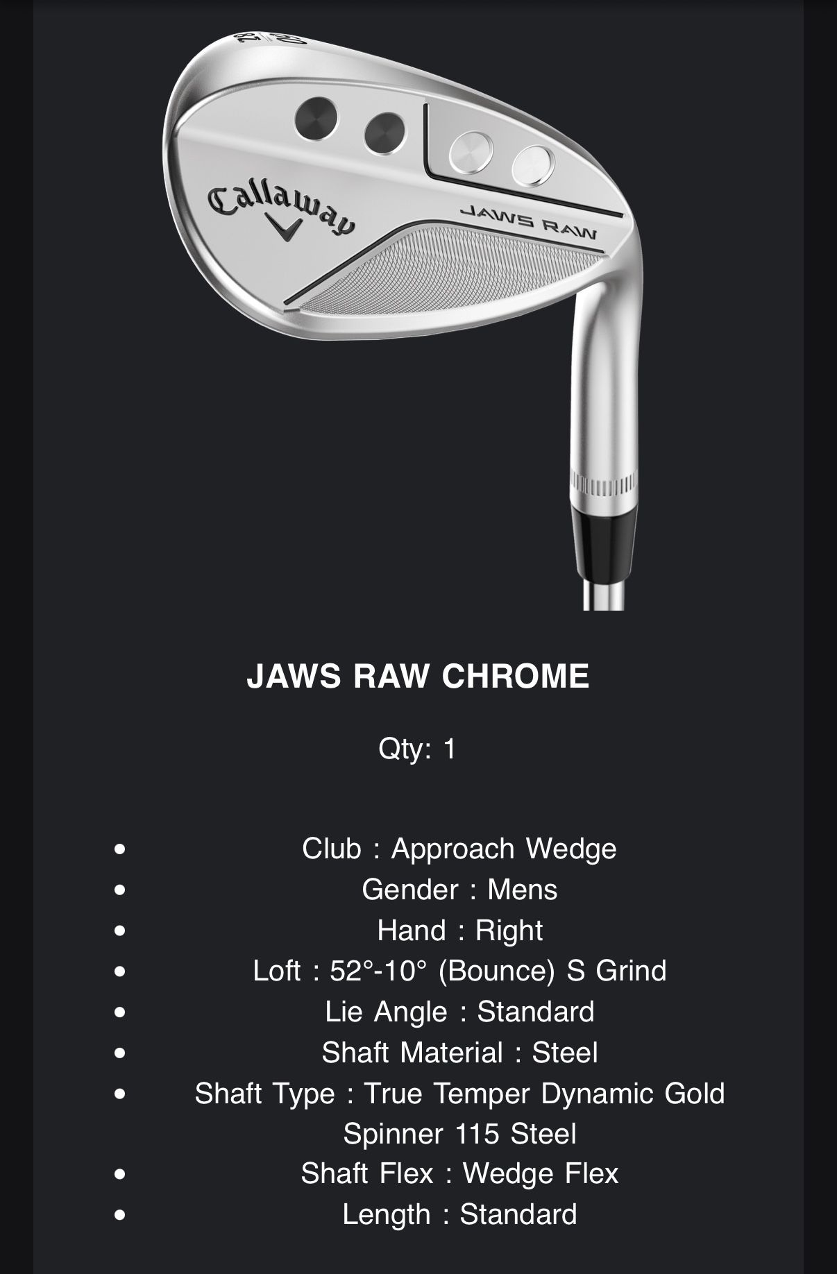 CALLAWAY JAWS RAW 52 WEDGE