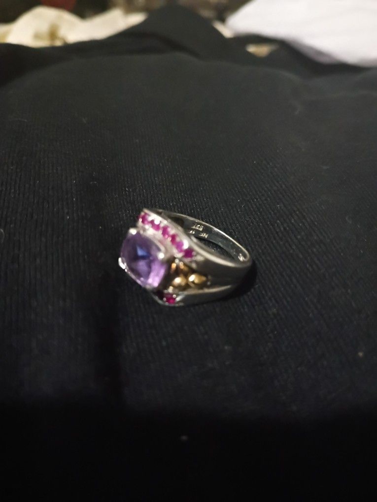 925 & 14k Amethyst & Lab Created Ruby Ring Size 7.5