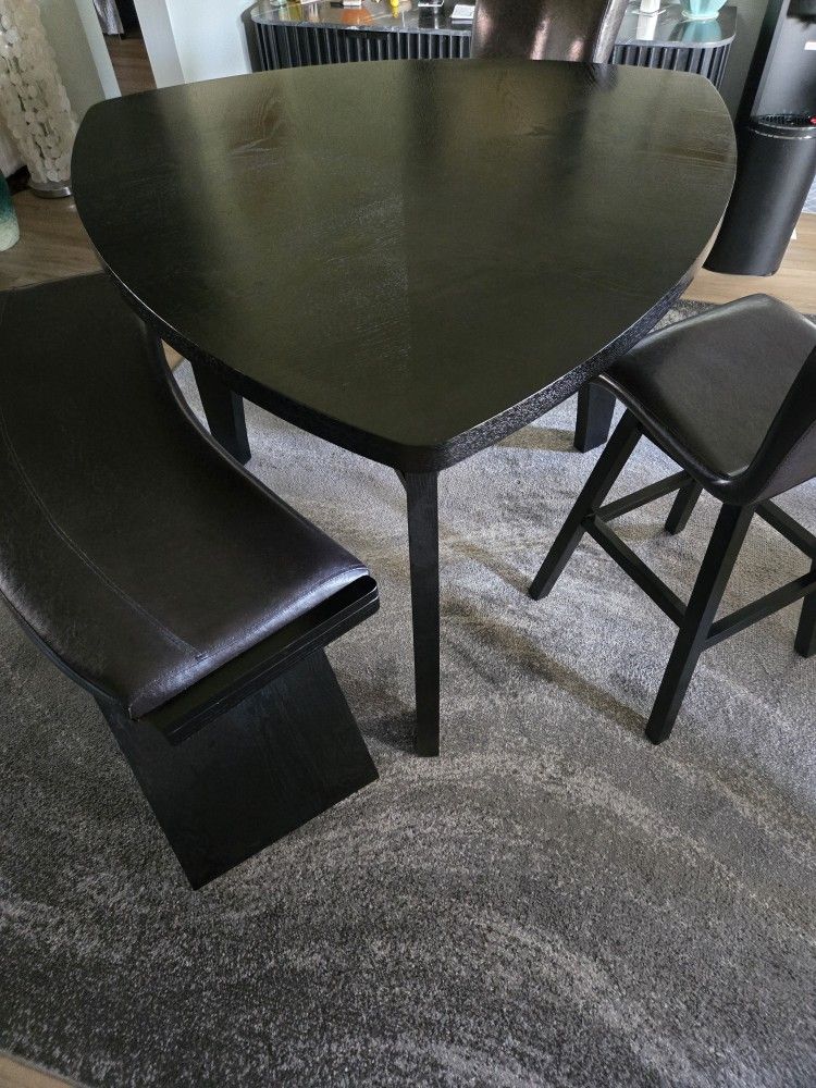 Bar Height Triangular Table, 4 Chairs and Bench