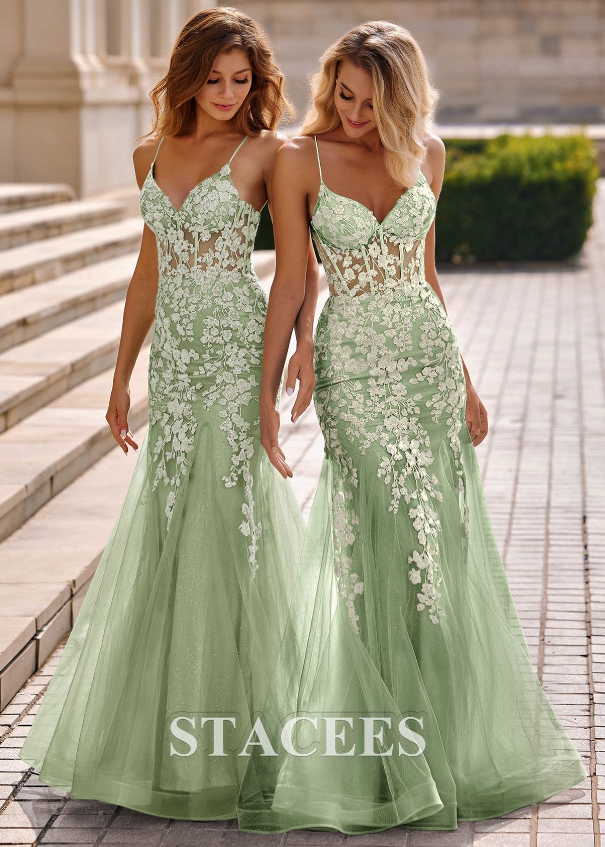 Sage Green Trumpet/Mermaid V Neck Tulle Sweep Train Prom Dress with Appliqued Sequins Glitter