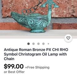 Vintage Oil Lamp Antique Roman Bronze PX CHI RHO Symbol Christogram Oil Lamp with Chain