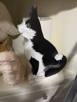 Handmade wooden black and white cat paper towel holder