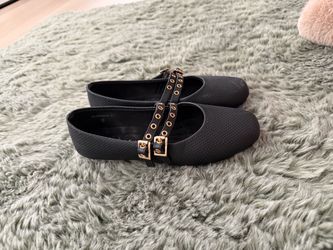 Black Ballet Flats with Gold Buckle Straps Size 6