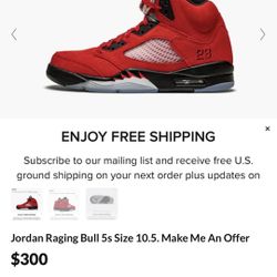 Jordan 5s Raging Bull Size 10.5
