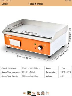 Flashgol Electric Countertop Griddle 1.7KW