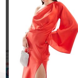 asos design satin off shoulder satin dress maxi asymmetrical in red