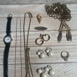 Vintage Jewelry Lot Watch Earrings Necklaces Ring 