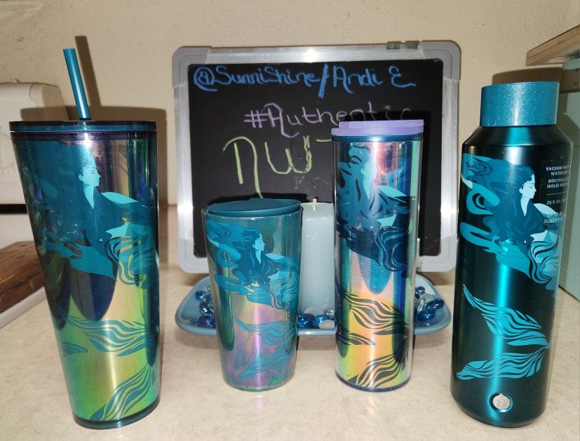 4-PC Starbucks 2023 Blue Holographic Siren Water Bottle & Tumbler Set ~ NWT