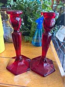 Vintage Fenton Ruby Red Candlestick Holders, Florentine Hexagon PAIR