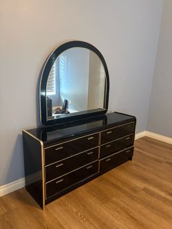 4-Piece Vintage 80s Postmodern Black & Brass Bedroom Set (Dresser, Mirror, 2 Nightstands)