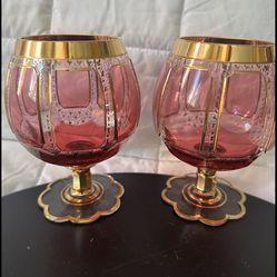 Antique Moser Ruby Cabochon Crystal Brandy Snifters