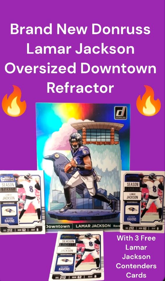 2024 Lamar Jackson Panini Donruss Oversized Downtown Refractor And 3 Contenders Cards