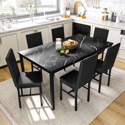 7 Piece Dining Table Set for 6, Faux Marble Kitchen Table with 6 PU Leather Chairs, Modern Dining Room Table Set for Small Space, Living Room