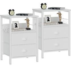 Furologee Nightstands Set 2, End Table with 2 Fabric Drawers, Bedside Table with 2 Hooks, Open Wood Shelf Side Sofa Table for Bedroom/Living Room/Hall